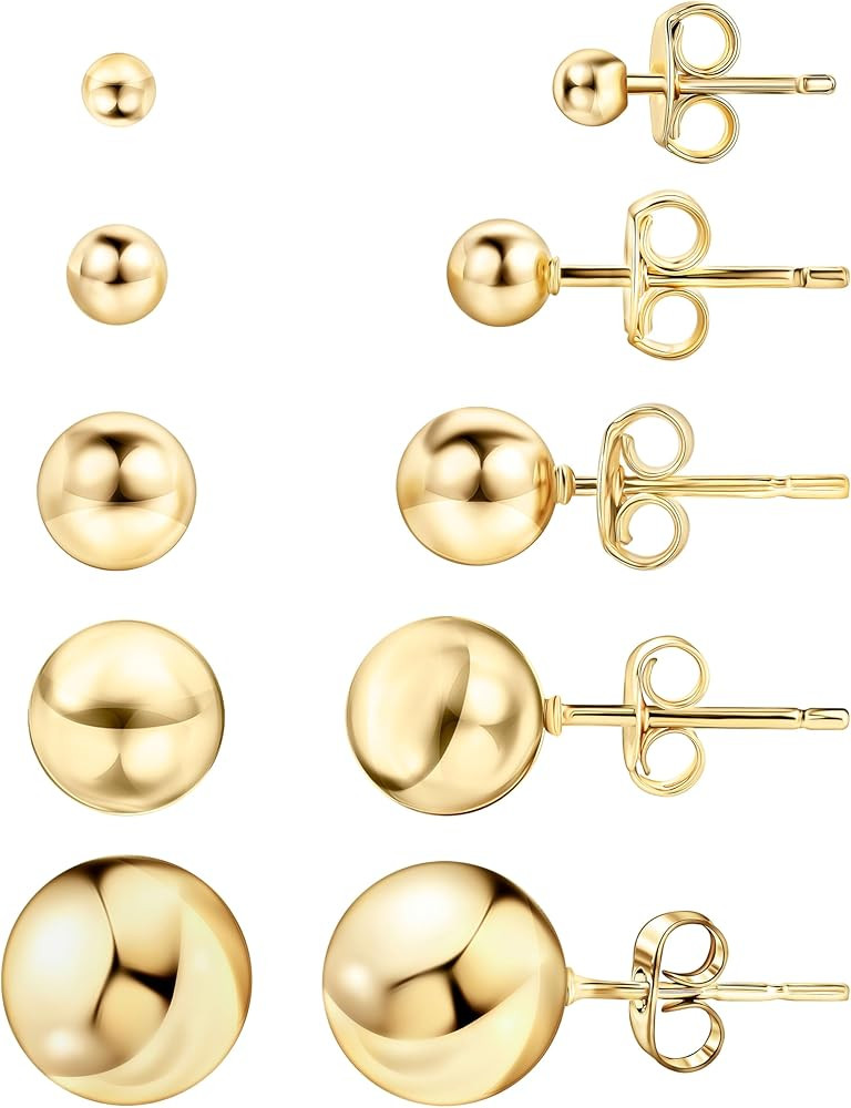 Barzel 18K Gold Plated Ball Stud Earrings Set, Sizes 3-10MM, 5 Pack, High Polish Finish Ball Suds | Amazon (US)