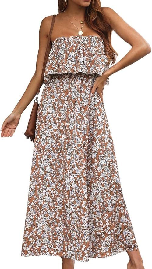 Anna-Kaci Women Ruffle Maxi Dress Boho Strapless Floral Tube Top Casual Summer Beach Dresses (S-X... | Amazon (US)