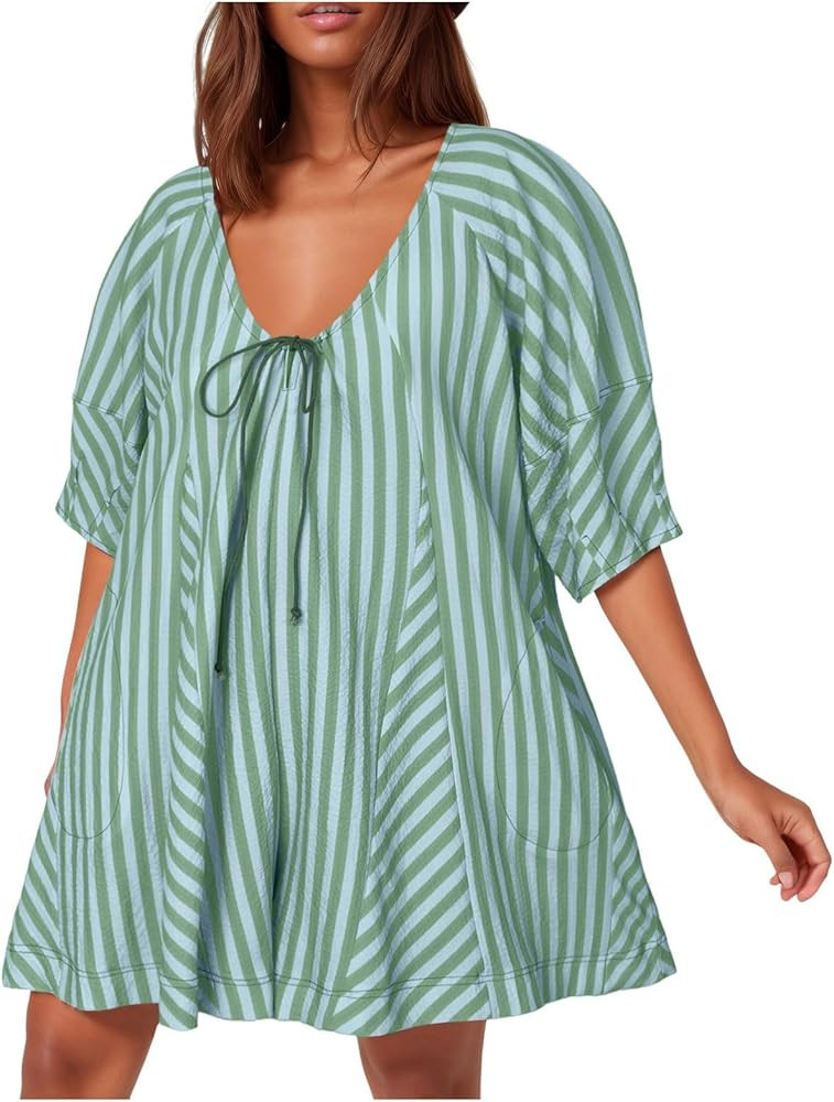 Womens Casual Striped Puff Short Sleeve Romper Scoop Neck Overall Shorts Oversized Trendy Dress J... | Amazon (US)