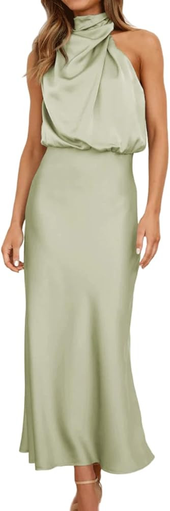 Women's 2023 Summer Satin Dress Elegant Sleeveless Mock Neck Cocktail Party Maxi Dresses | Amazon (US)