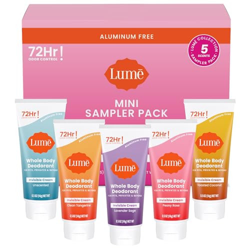 Lume Whole Body Deodorant 5 Pack Sampler - Invisible Cream Minis - 72 Hour Odor Control - Aluminum & Baking Soda Free (Clean Tangerine, Lavender Sage, Peony Rose, Toasted Coconut, Unscented) | Amazon (US)