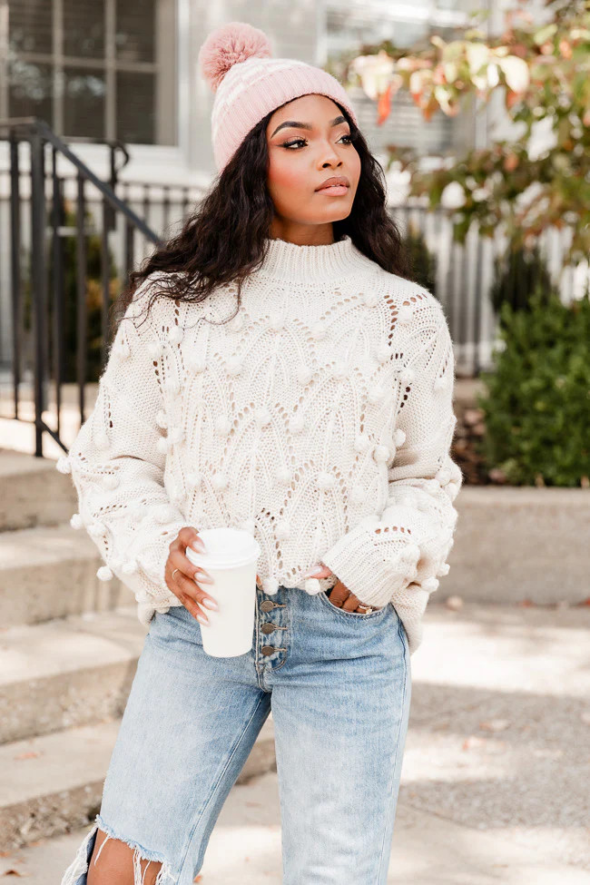 Chunky Pom Sweater Cream | Pink Lily