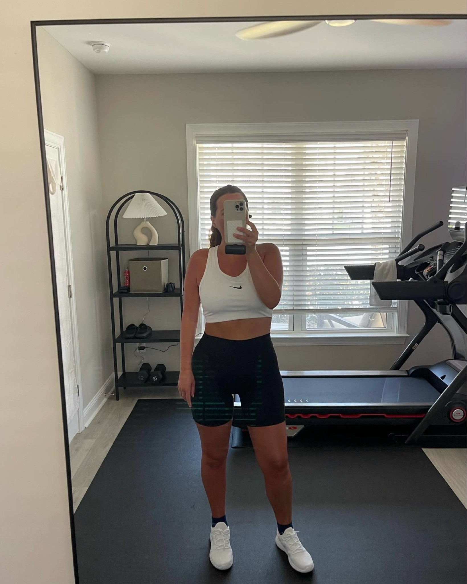 Work out outfit, sports bra, shorts, treadmill Bowflex, gym mat, portable charger, sneakers, socks 

#LTKShoeCrush #LTKFitness #LTKStyleTip