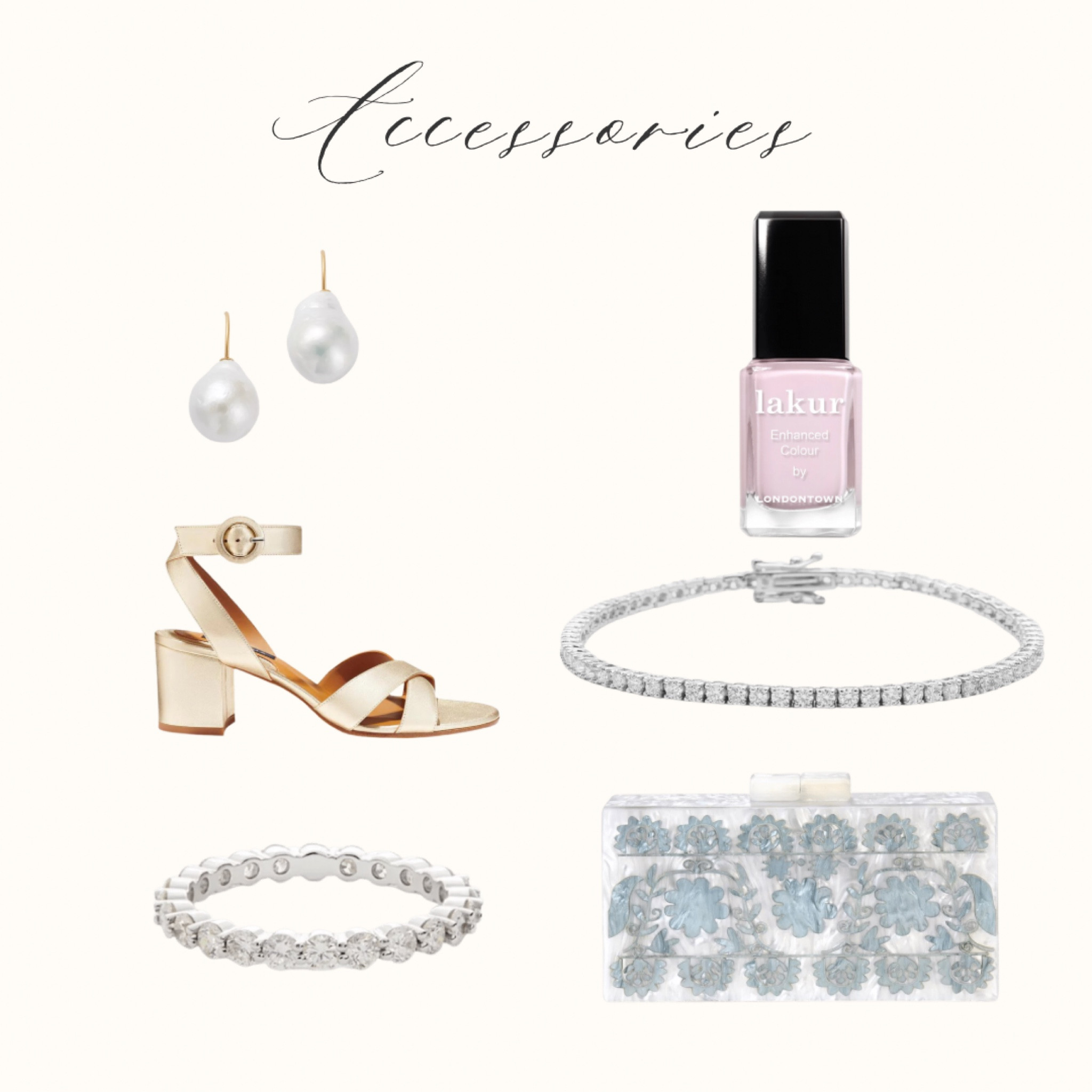 Classic timeless bridal accessories, including baroque pearl earrings, Margaux city heels in platinum/champagne, Londontown Jane Austen nail polish, tennis bracelet, eternity diamond ring, asha acrylic clutch

#LTKstyletip #LTKbeauty #LTKwedding