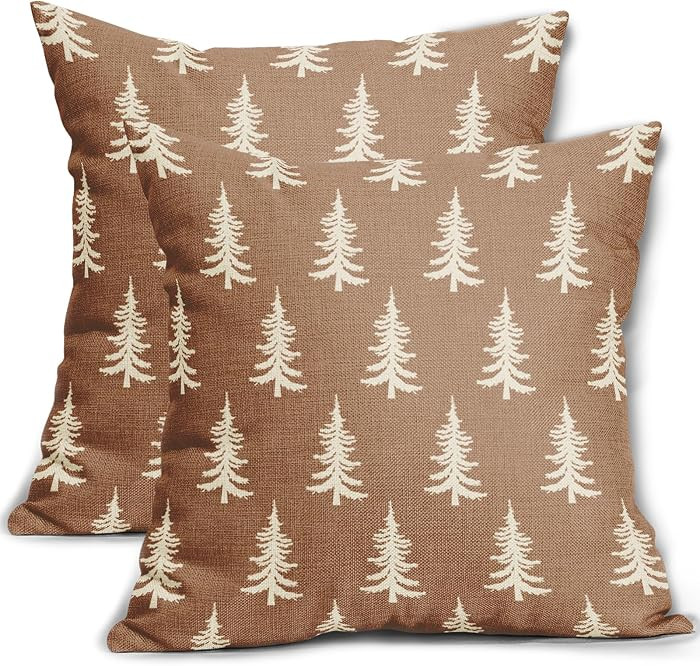Christmas Pillow Covers 18x18 Set of 2 Brown Xmas Tree Rustic Style Winter Print Decorative Outdo... | Amazon (US)