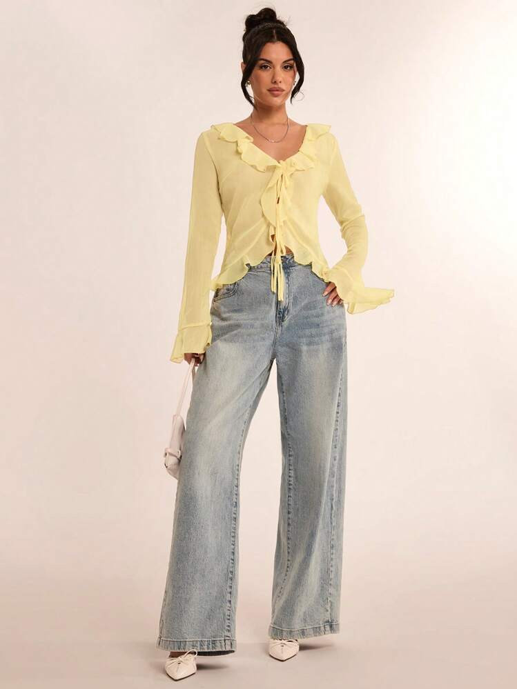 SHEIN BAE Women's Early Spring Elegant Chiffon Flounce Sleeve Blouse, Suitable For Vacation Parties, Dates, Hangouts With Friends, Vacations And Everyday Graceful Wear | SHEIN