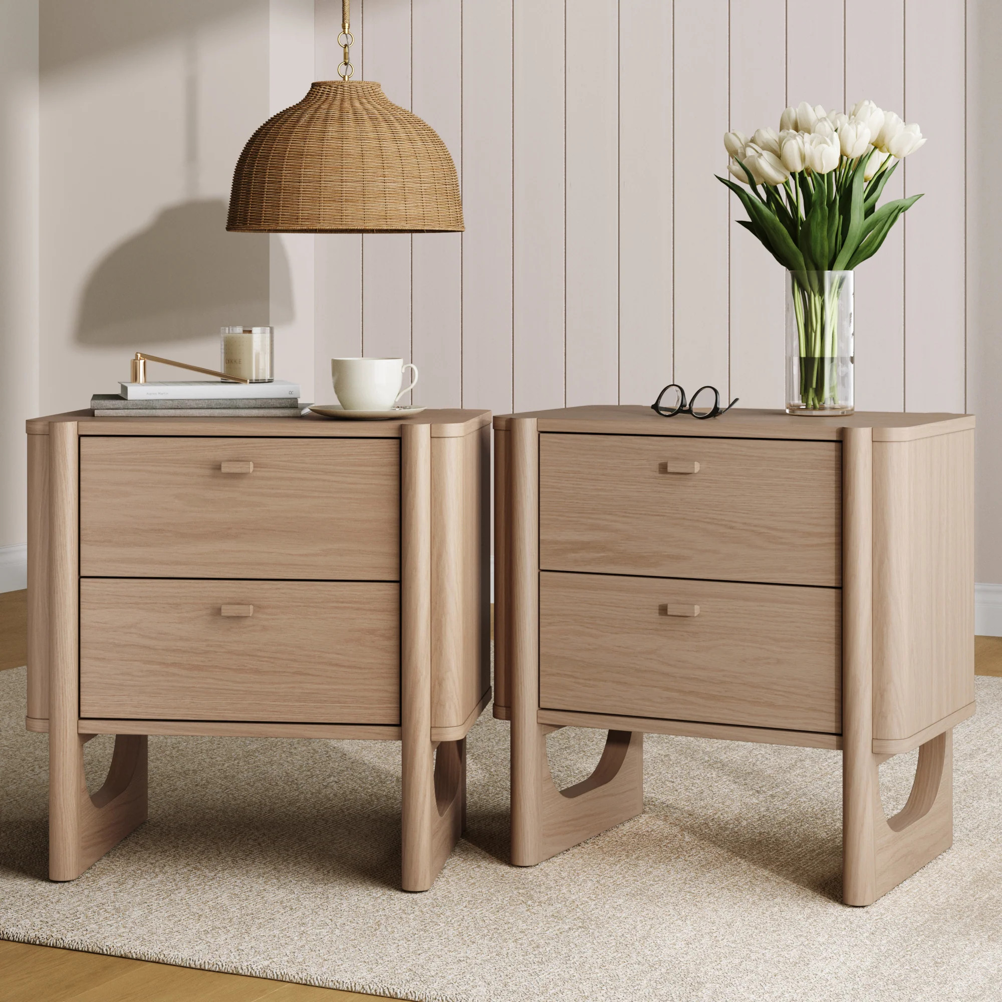 Mid Century Modern 2-Drawer Solid Wood Nightstand Raw Oak (Set of 2) | Nathan James