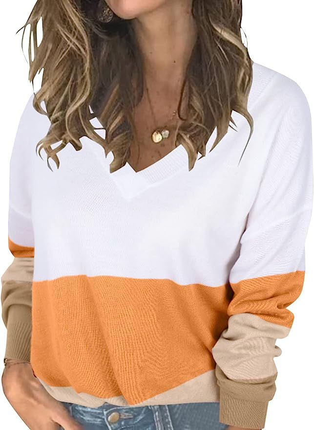 Color Block V Neck Sweaters for Women Striped Pullover Long Sleeve Knit Jumper Tops | Amazon (US)