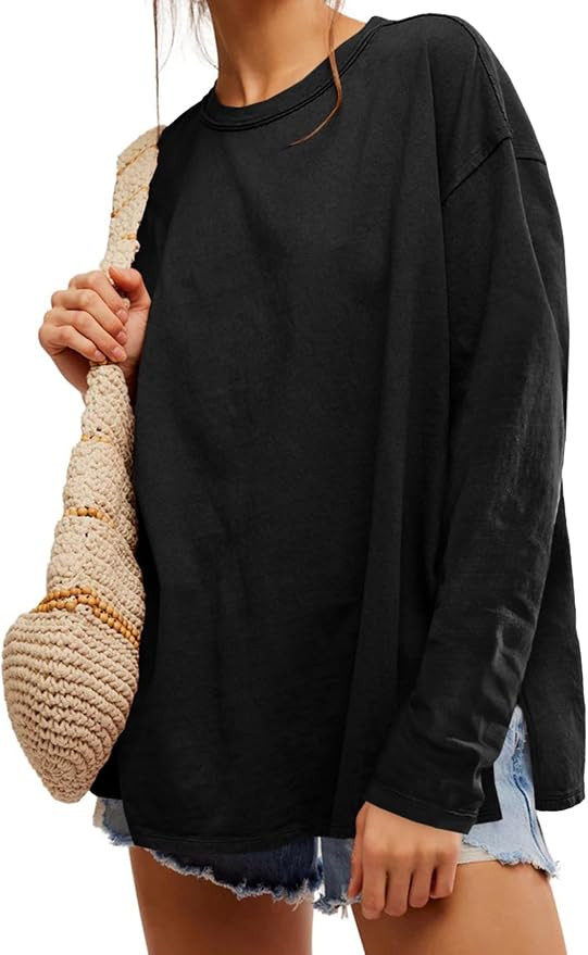 Womens Oversized Long Sleeve Shirts Crew Neck Casual Tops Loose Fit Side Slit Fall Tees | Amazon (US)