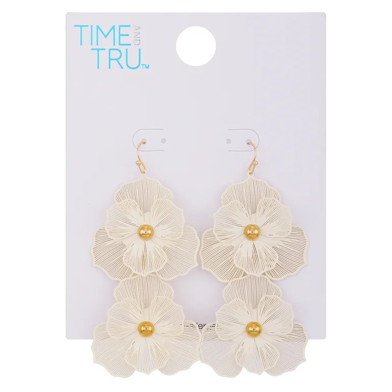 Time and Tru Women's Goldtone and Cream Flower 3D Wire Earrings | Walmart (US)