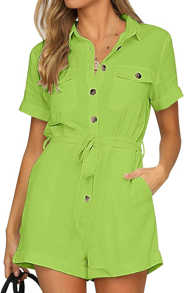 GRAPENT Women's Summer Short Sleeve Button Down Pockets Belted Jumpsuits Rompers | Amazon (US)