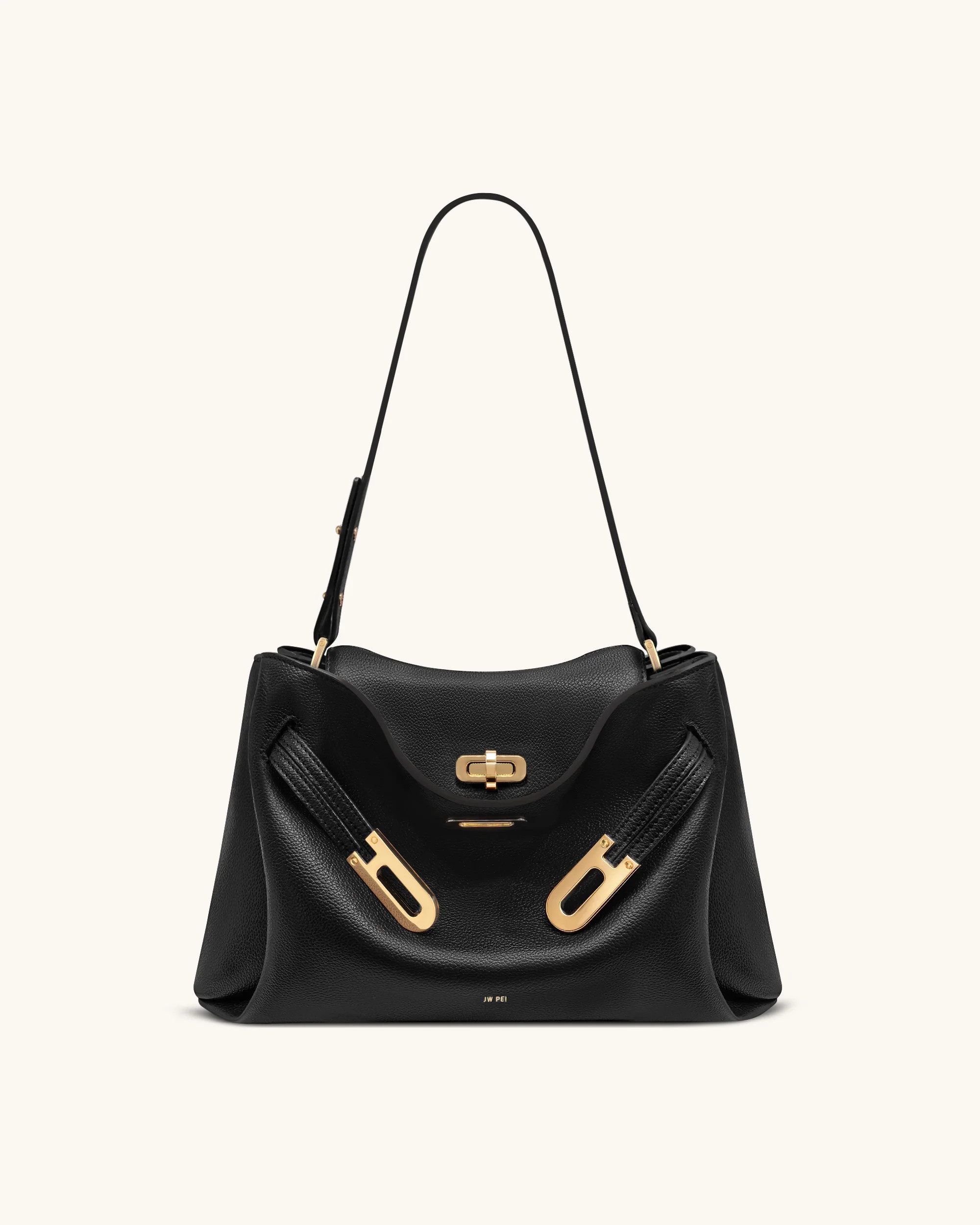 Rhea Pebbled Double Buckle Shoulder Bag - Black | JW PEI US