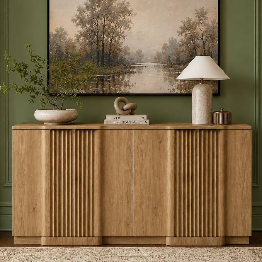 Amazon.com - Yechen Fluted Buffet Cabinet with Storage, 55" Accent Sideboard Credenza | Adjustable Shelf, Quiet Soft Close Hinges, Metal Handle, Media Console Wood Coffee Bar for Living Dining Room Entryway - Buffets & Sideboards | Amazon (US)