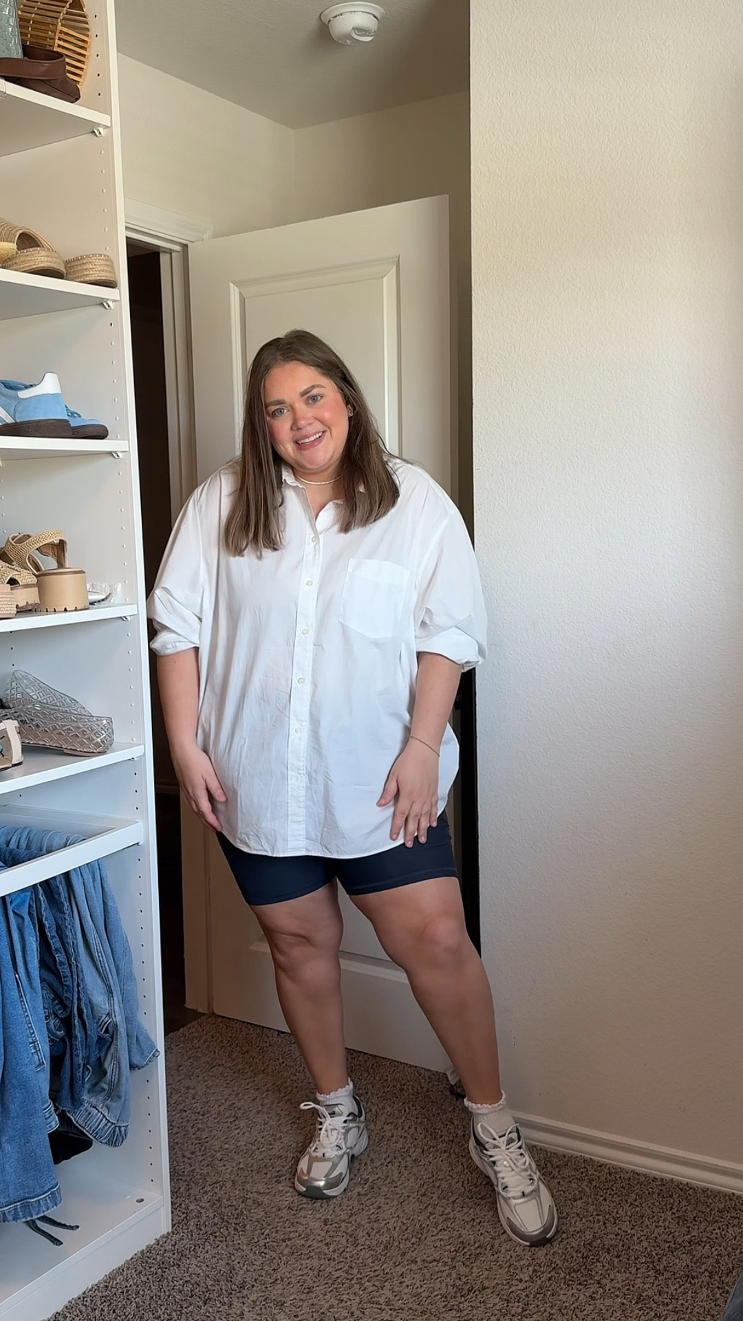 Easy fall transition outfit size inclusive plus size. Wearing xxl in button down love this shirt it’s perfectly oversized. Xxl in my favorite bike shorts. Walmart sneakers come in wide width! 

#LTKPlusSize #LTKSeasonal #LTKFindsUnder50