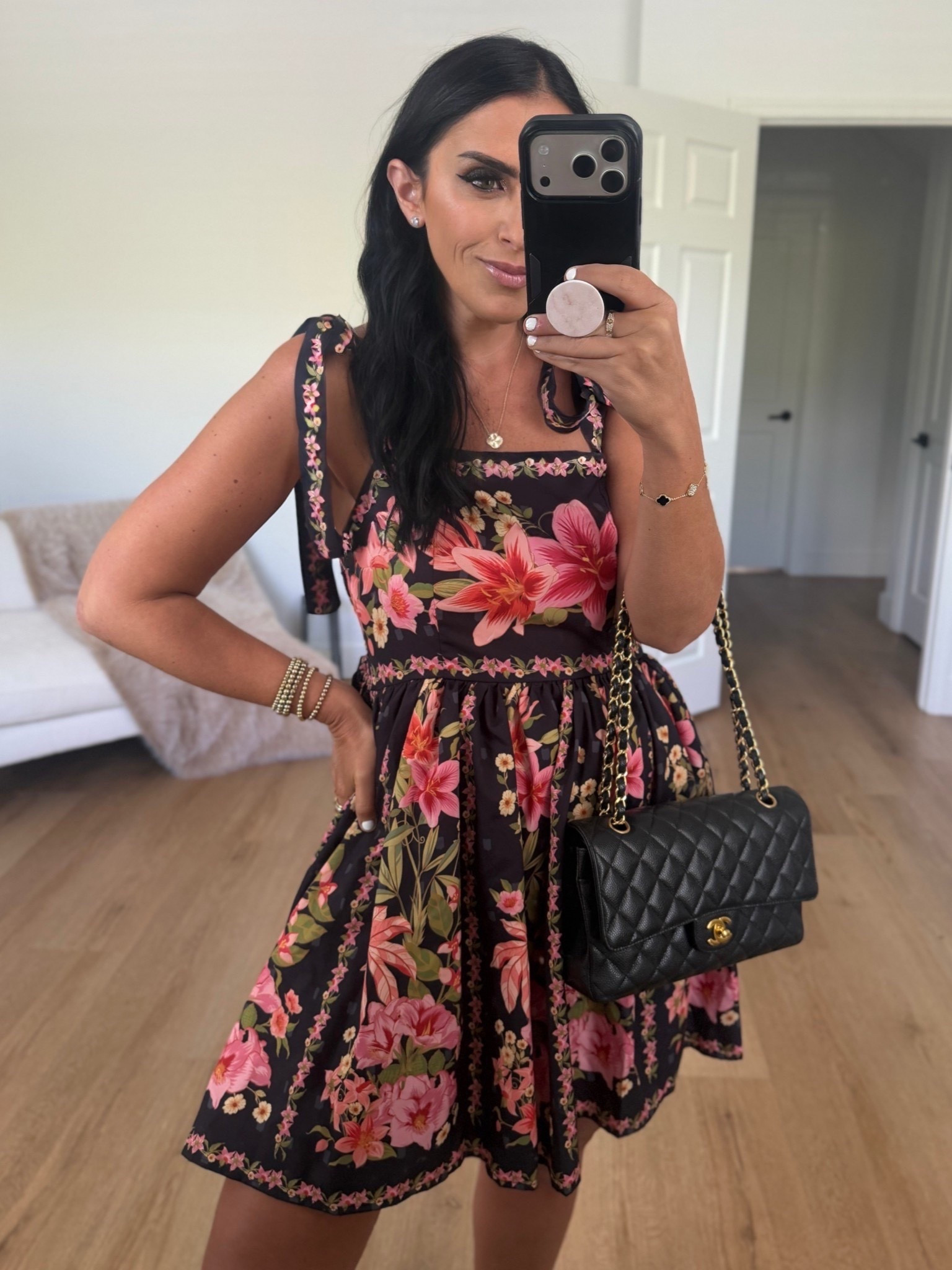 Women’s floral boho tie summer dress from Amazon wearing size small. Looks like farm Rio. Comes in over 8 colors