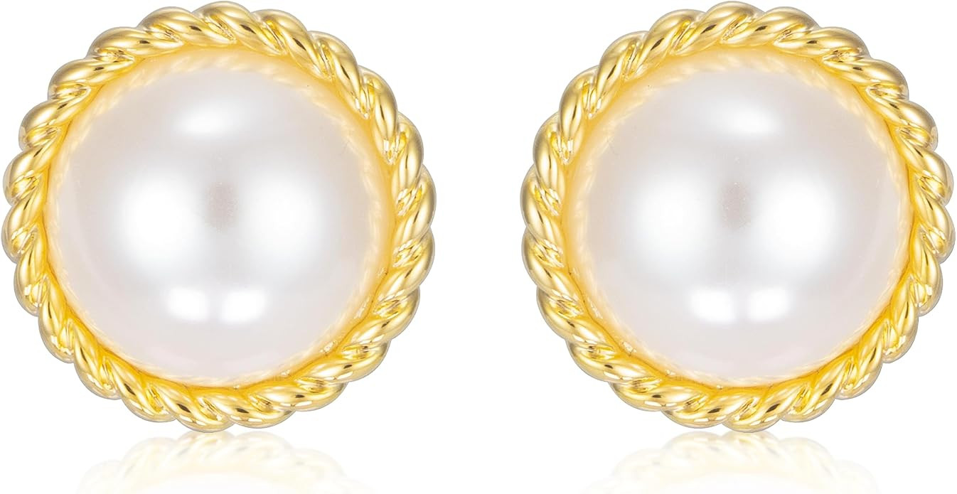 Big Pearl Earrings for Women - Dainty Elegant Gold Statement White Pearl Stud Earrings | Amazon (US)