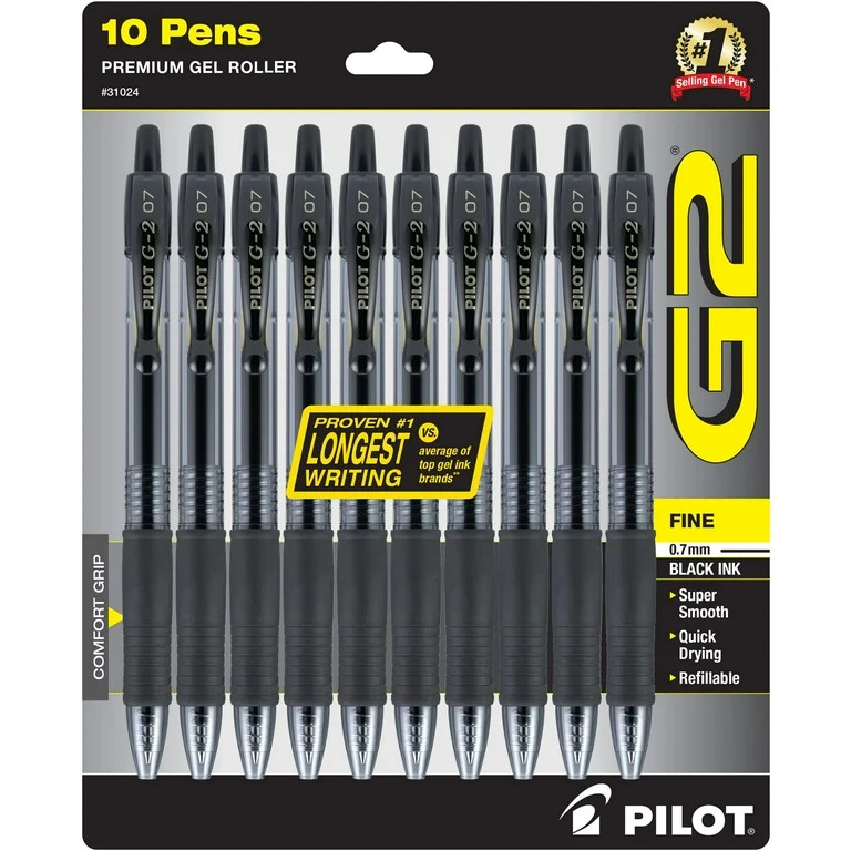 Pilot G2 Retractable Gel Ink Pens, Fine Point, 0.7 mm, Black Ink, 10 Pack | Walmart (US)