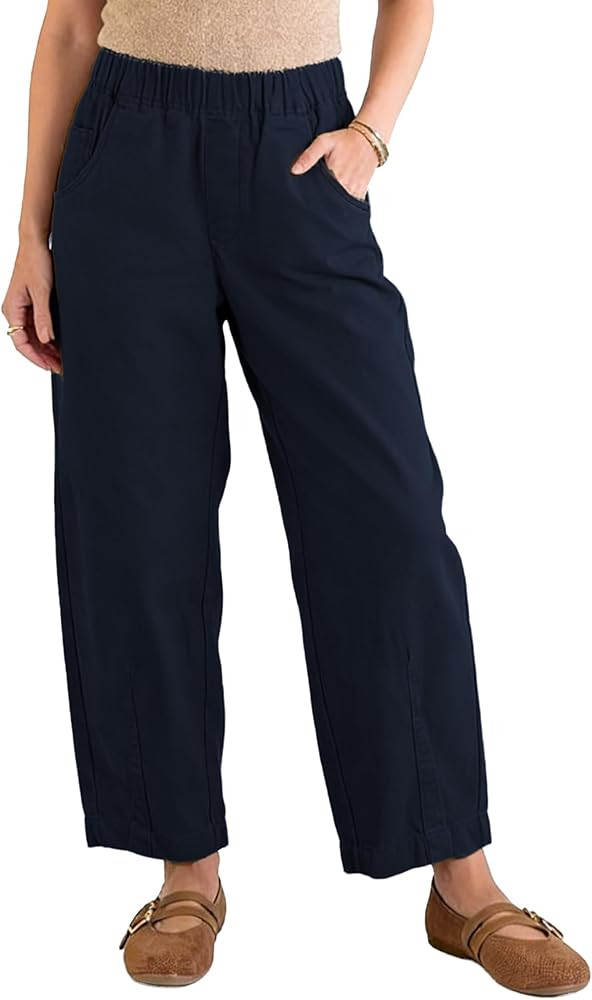 Womens Wide Leg Barrel Pants Mid-Rise Casual Loose Elastic Waist Solid Color Trouser with Pockets | Amazon (US)