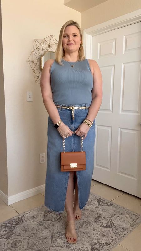 Cute spring and summer dressy casual chic outfit with maxi denim skirt and blue tank, gold accessories .

#LTKmidsize #LTKover40 #LTKfindsunder50