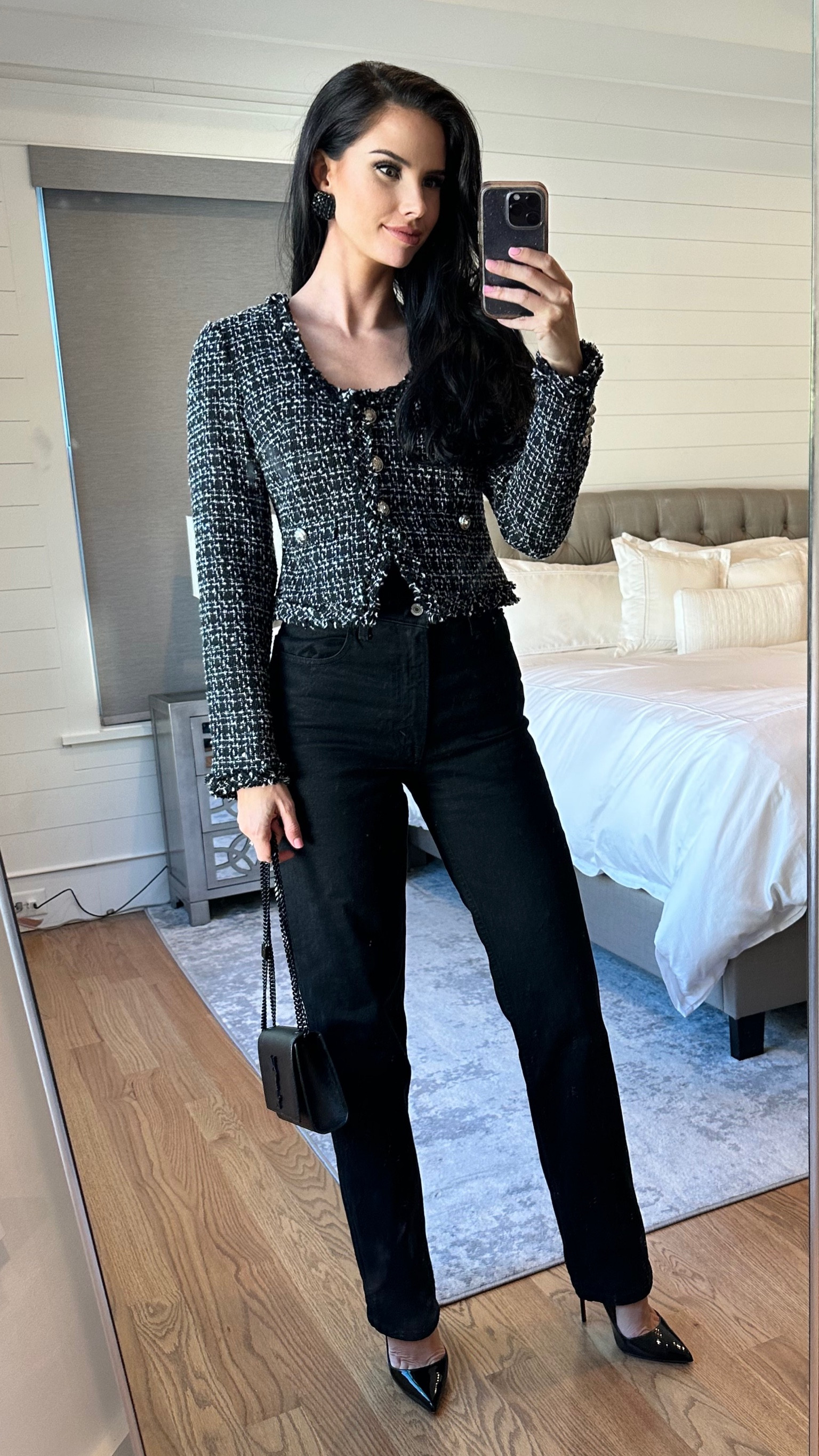 Fall transition outfit— cropped tweed jacket paired with black Abercrombie ultra high rise 90s straight jeans and black heels. I’m wearing size 26 long in the jeans. 

#LTKshoecrush #LTKstyletip #LTKfindsunder100