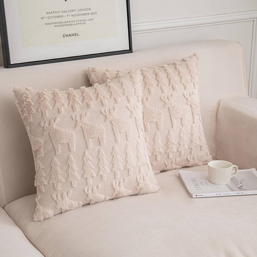 Beige Christmas Tree and Reindeer Decorative Throw Pillow Covers 20"x20", 2 Packs Soft Plush Squa... | Amazon (US)