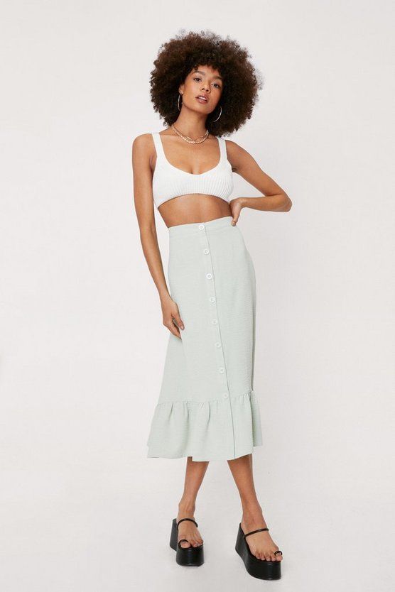 Textured Button Down Ruffle Midi Skirt | Nasty Gal (US)