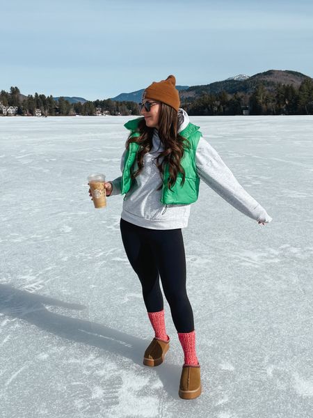 Winter vacation outfit 
Casual comfy outfit 
Green cropped vest 
Ugh slippers 

#LTKU #LTKSeasonal #LTKFind