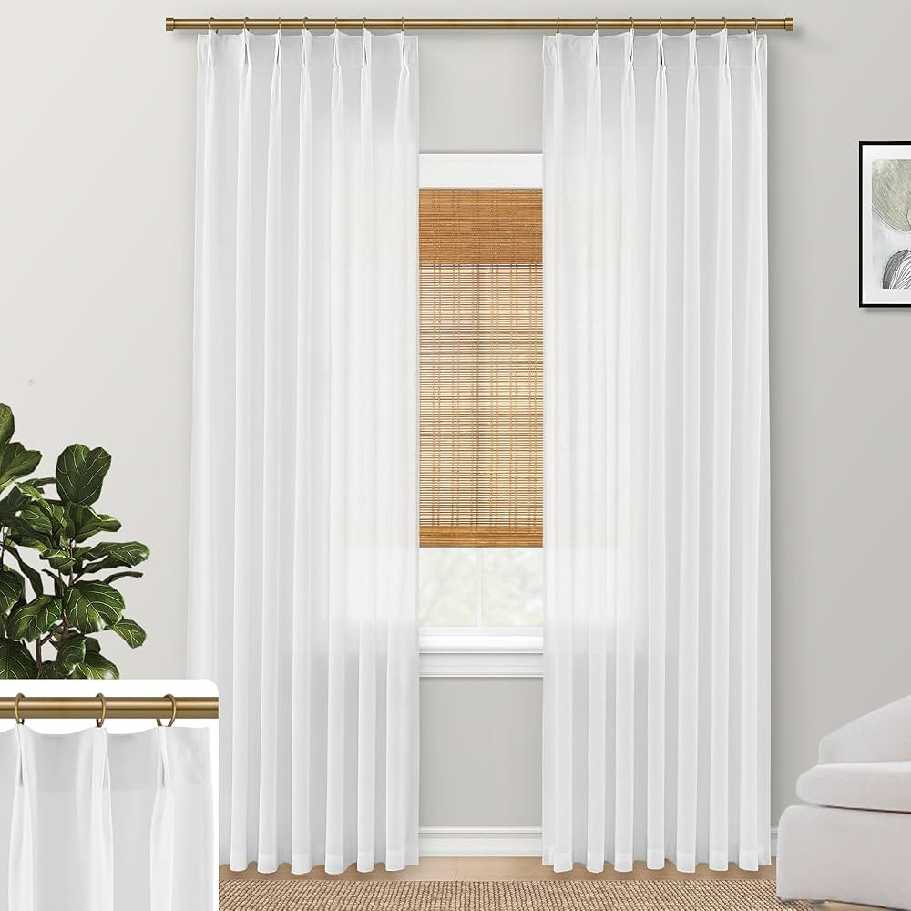 SHINELAND 105 Inch 2 Panels White Linen Blended Light Filtering Window Curtains | Amazon (US)