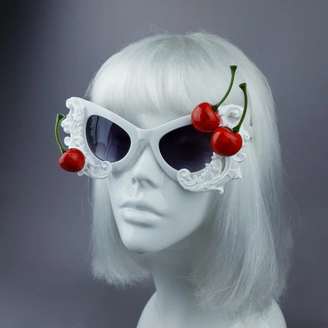 Cherries & Cream White Catseye Sunglasses, Cherry, Frosting, Icing, Marie Antoinette, Filigree, B... | Etsy (US)
