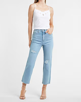 Super High Waisted Ripped Raw Hem Straight Jeans | Express