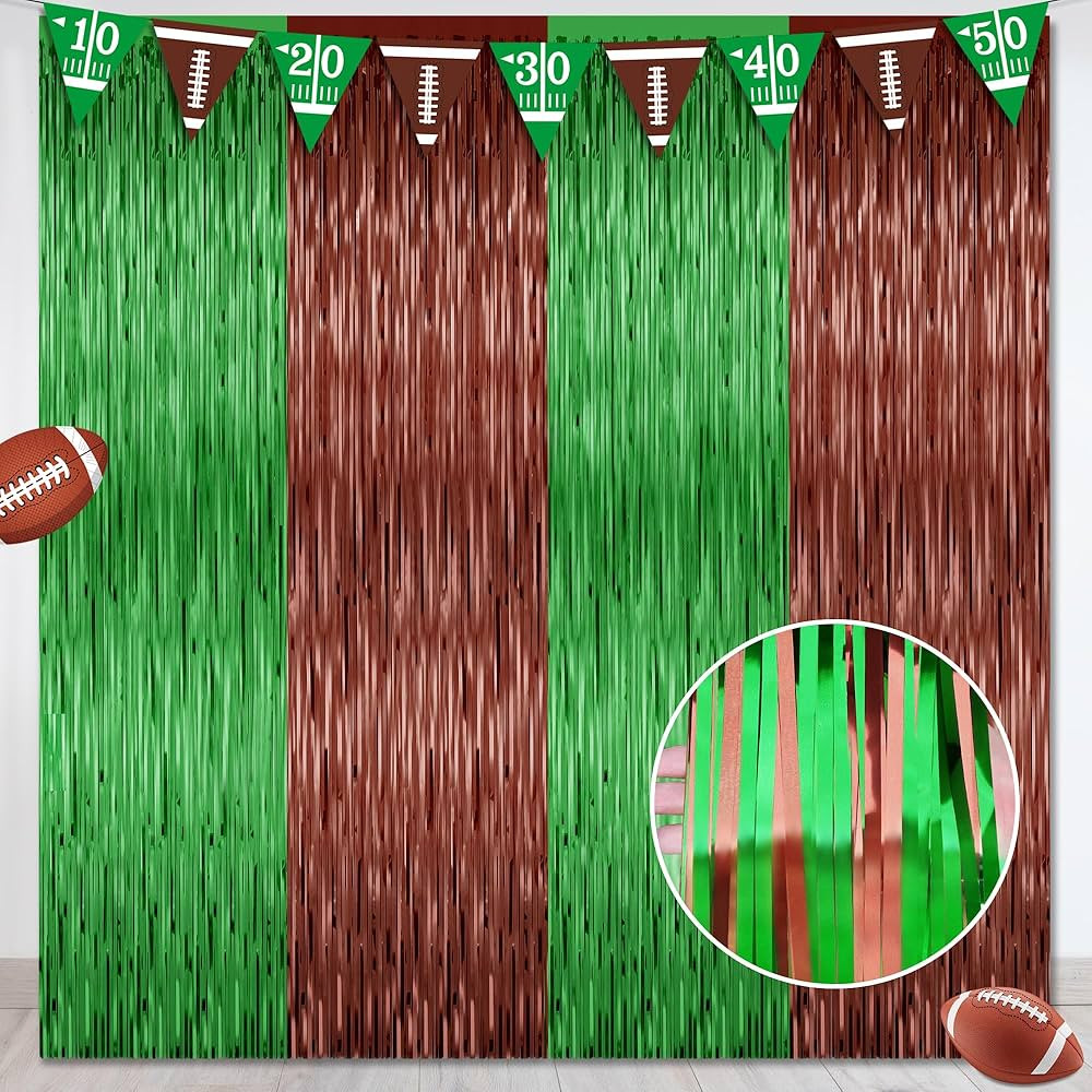 2 Pack Football Party Decorations, 3.28 FT x 7.05 FT Football Tinsel Backdrop, Brown Green Foil F... | Amazon (US)