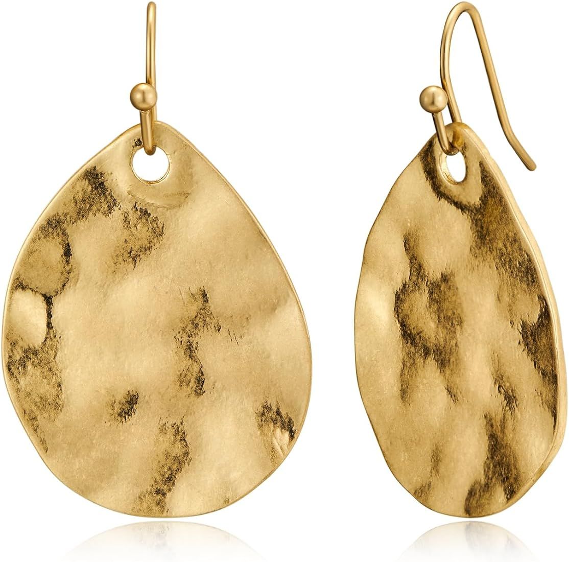 INNERDIVA Antique Gold Hammered Disc Drop Earrings Boho Earrings with Two Tone Jewelry Gift | Amazon (US)