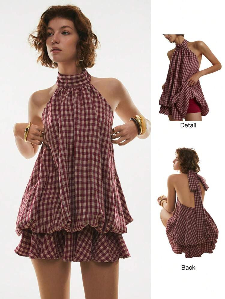 Poéselle Women's Summer Fashion Plaid Ruffle Hem Halter Backless Mini Dress Checkered Dress Backless Sundress Backless Summer Dress Picnic Dresses | SHEIN