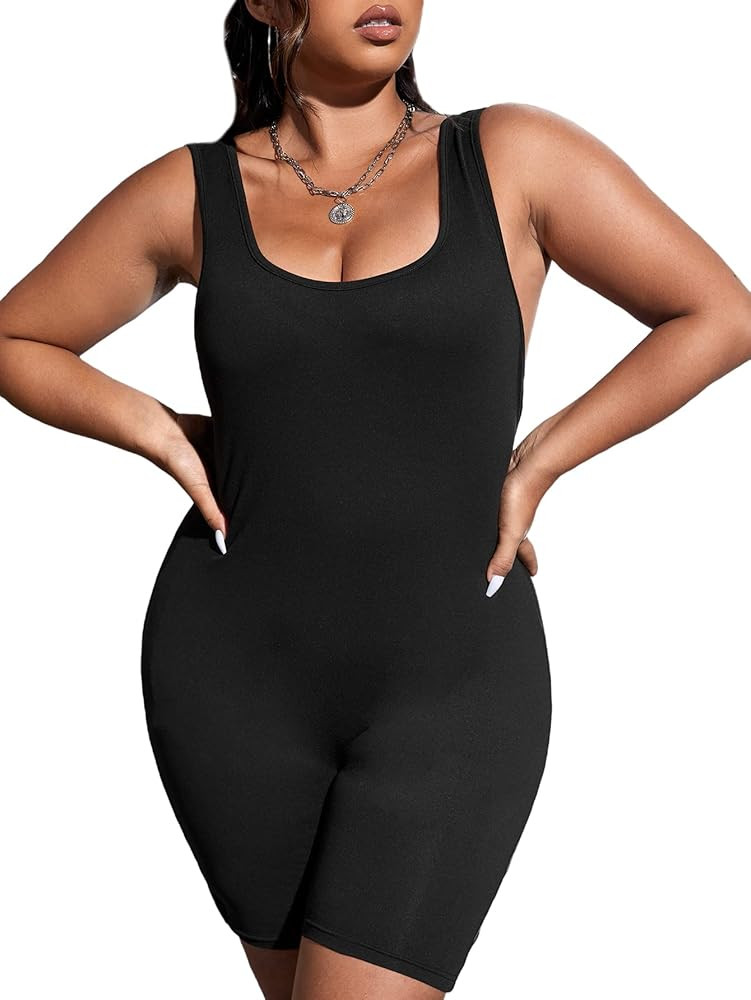 WDIRARA Women's Plus Size Square Neck Sleeveless Bodycon Romper Tank Tops Sexy Short Jumpsuits | Amazon (US)
