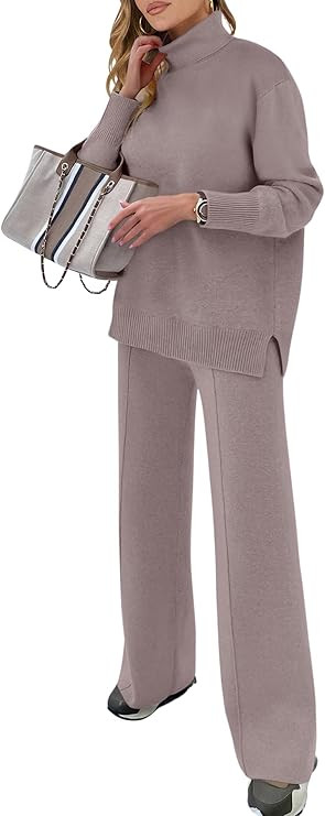 ANRABESS Womens 2 Piece Outfits Sweater Sets Loose Turtlenck Knit Pullover Top Wide Leg Pants 202... | Amazon (US)
