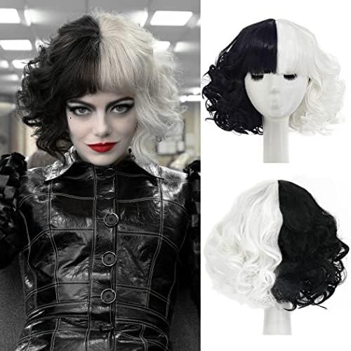 Amazon.com: Juziviee Cruella Deville Wig Costume Women Black and White Wig Short Curly Wavy Hair ... | Amazon (US)