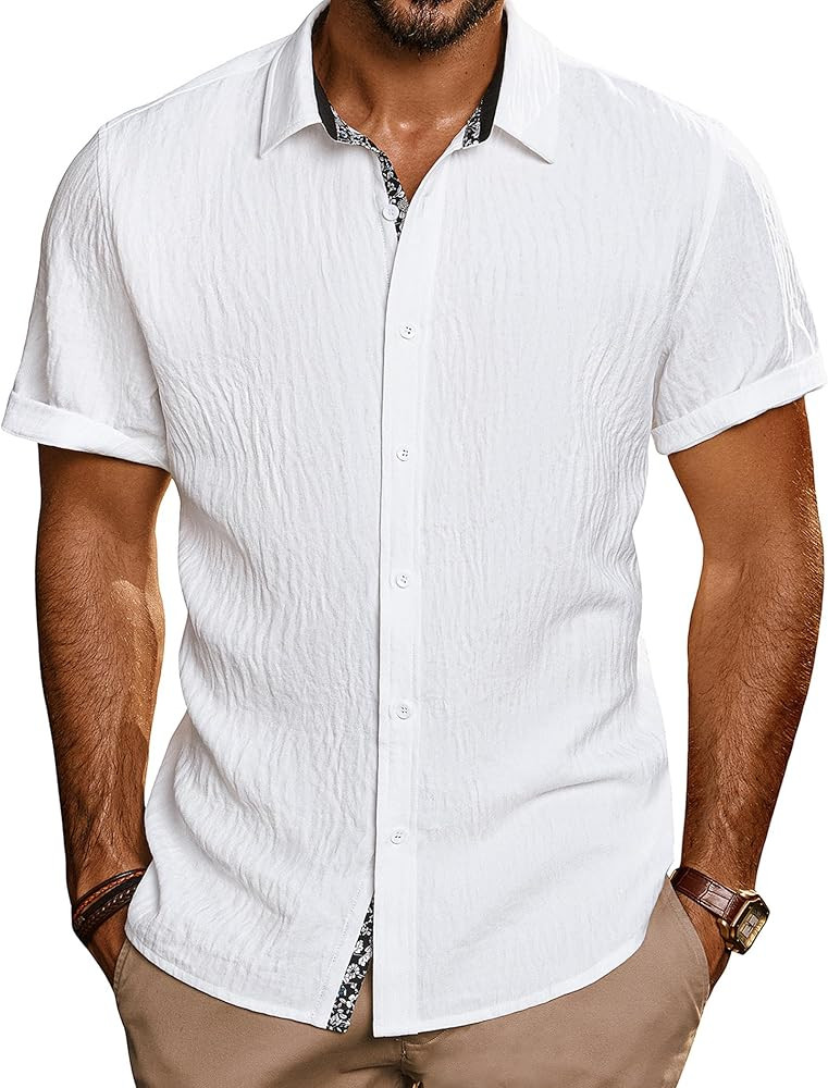PJ PAUL JONES Men's Button Down Short Sleeve Shirt Casual Summer Beach Textured Wedding Shirts | Amazon (US)