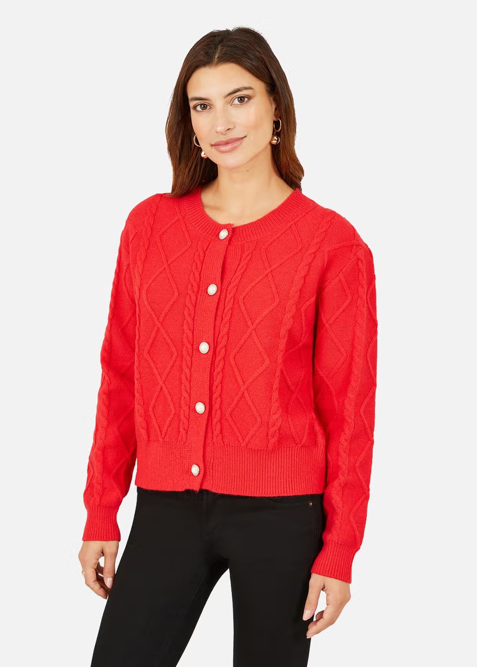 Yumi Cable Knit Cardigan With Pearl Buttons In Red - Large | Matalan (UK)