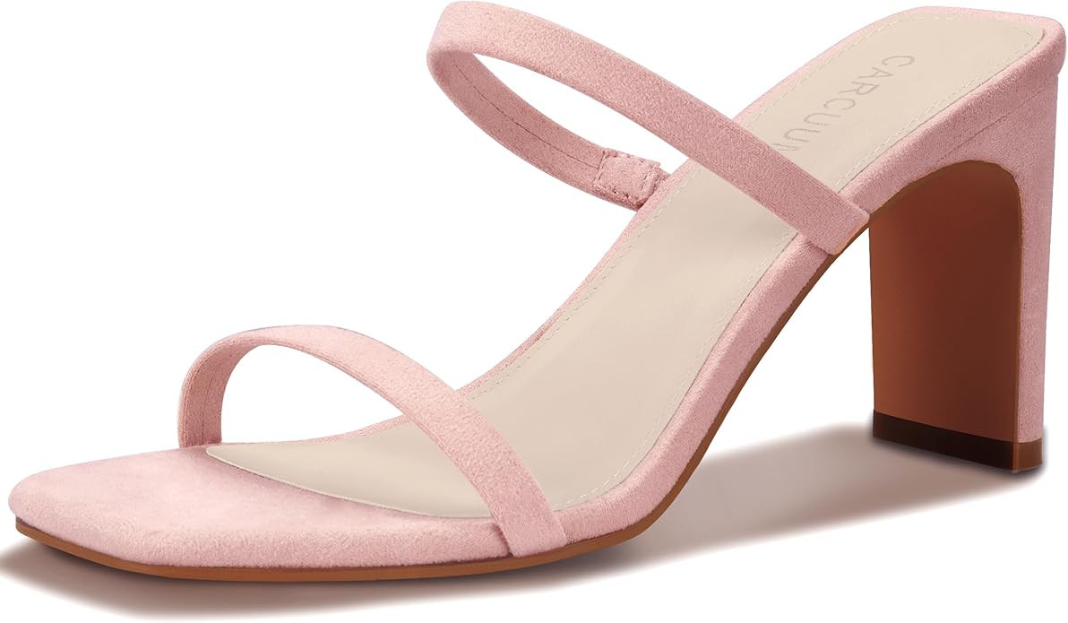 Carcuume Women's Square Toe Two Strap Open Toe Block Heels Sandals Slip On Shoes | Amazon (US)