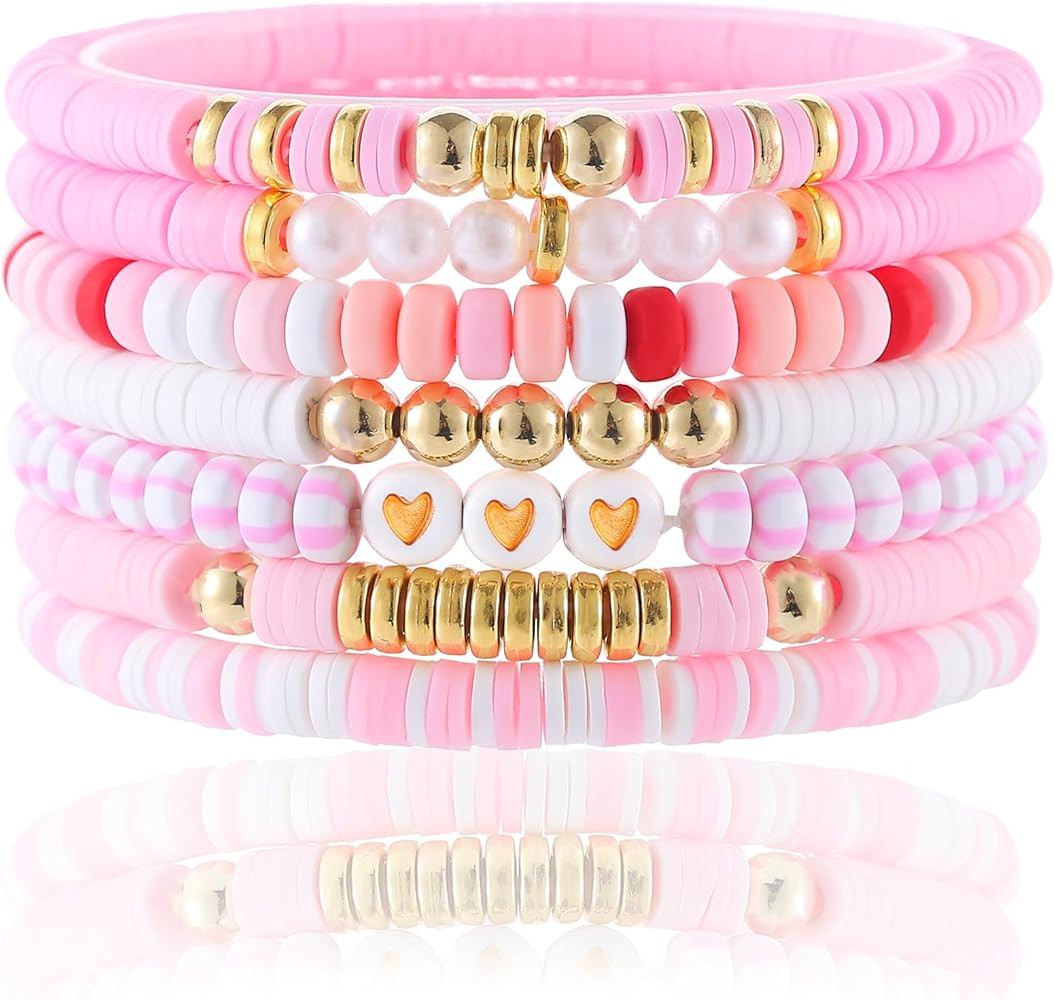Friendship Bracelets Trendy Heishi Clay Bead Bracelets Stack Gold Beaded Stretch Bracelets for Wo... | Amazon (US)