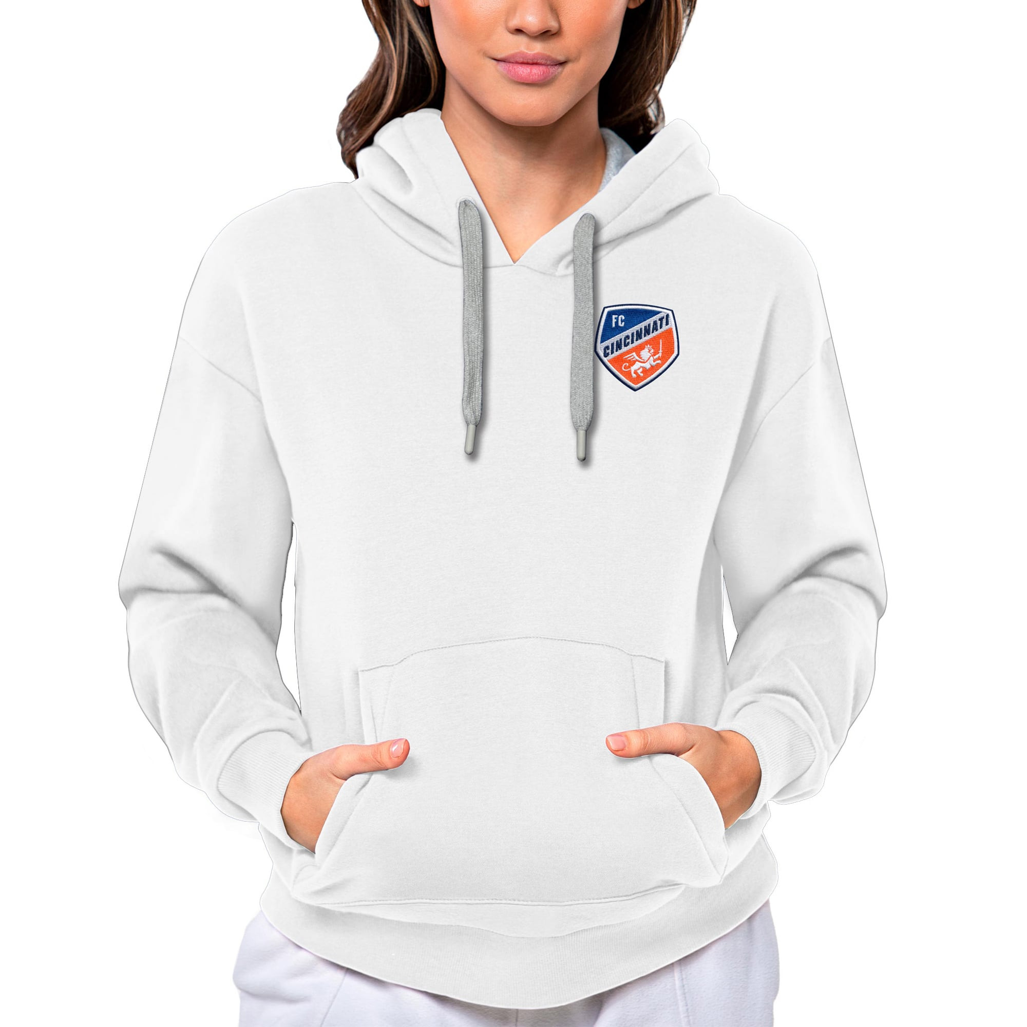 Women's Antigua White FC Cincinnati Team Logo Victory Pullover Hoodie | Fanatics