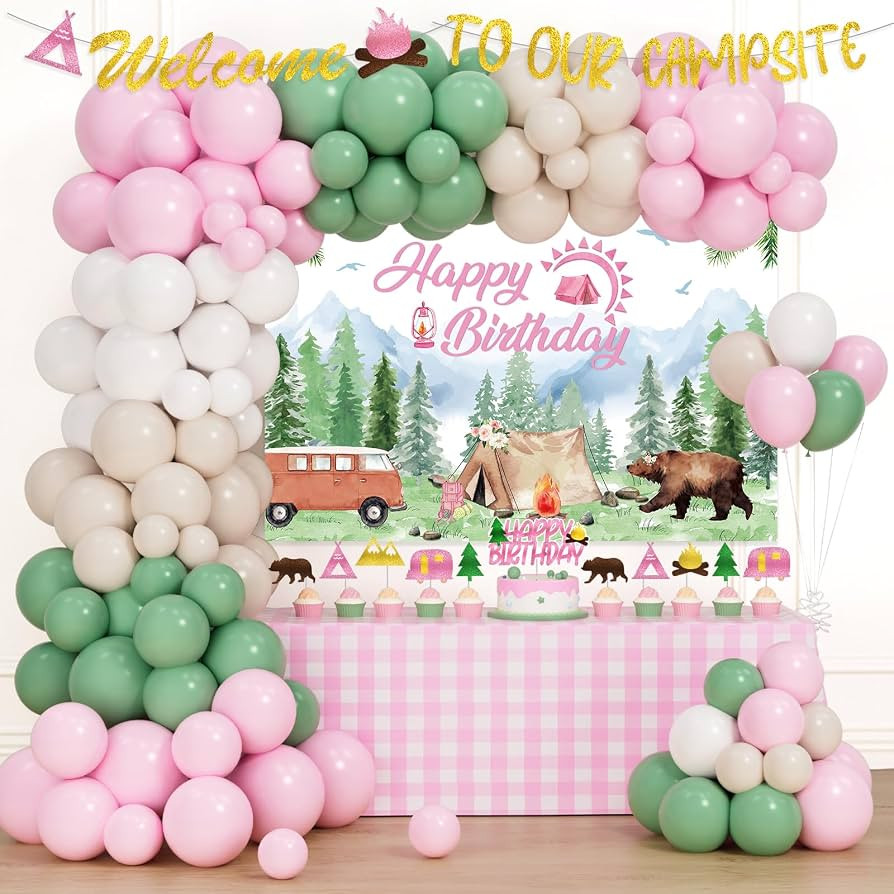 Hombae Camping Birthday Party Decorations, 102 Pcs Pink Happy Camper Party Supplies with Backdrop... | Amazon (US)