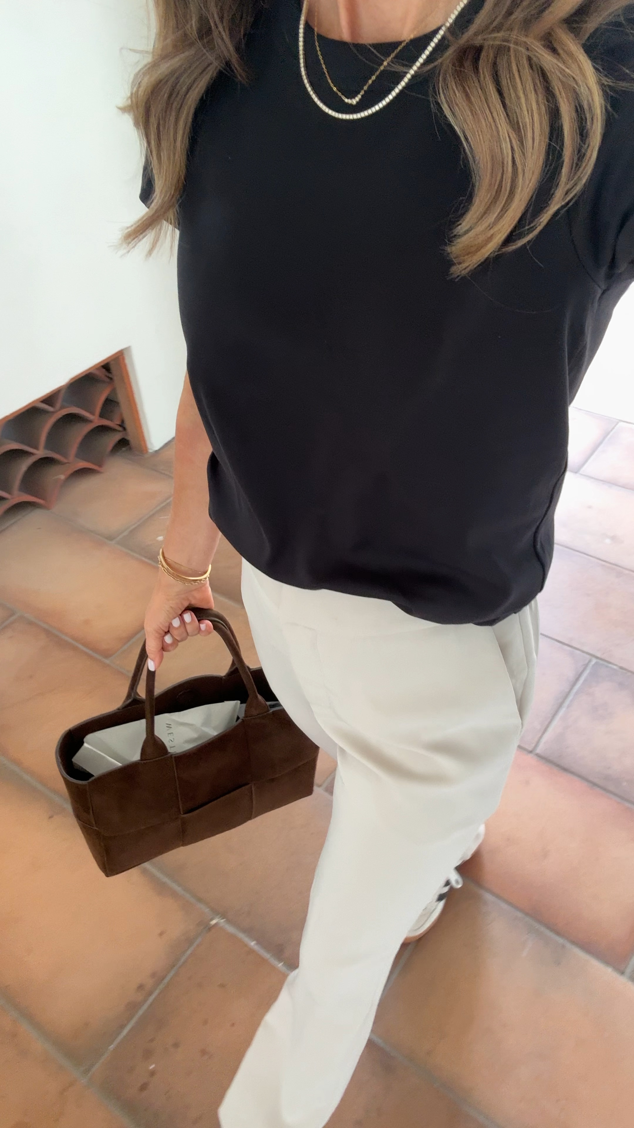 -quince pants 
-COS t-shirt sz S 
-suede bag 
-Etsy necklace 