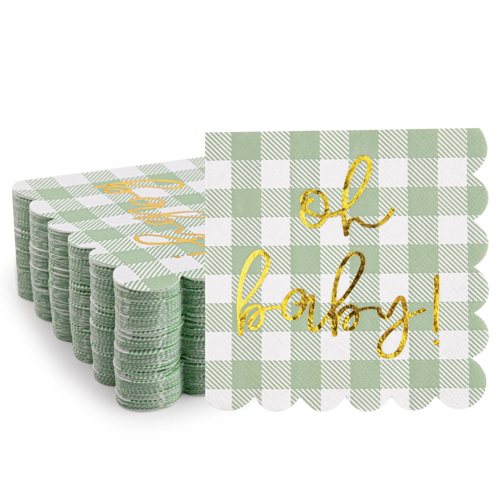 100 Pcs Sage Green Baby Shower Plaid Cocktail Napkins, Printed Gold Foil “Oh Baby" Folded 5 x 5... | Walmart (US)