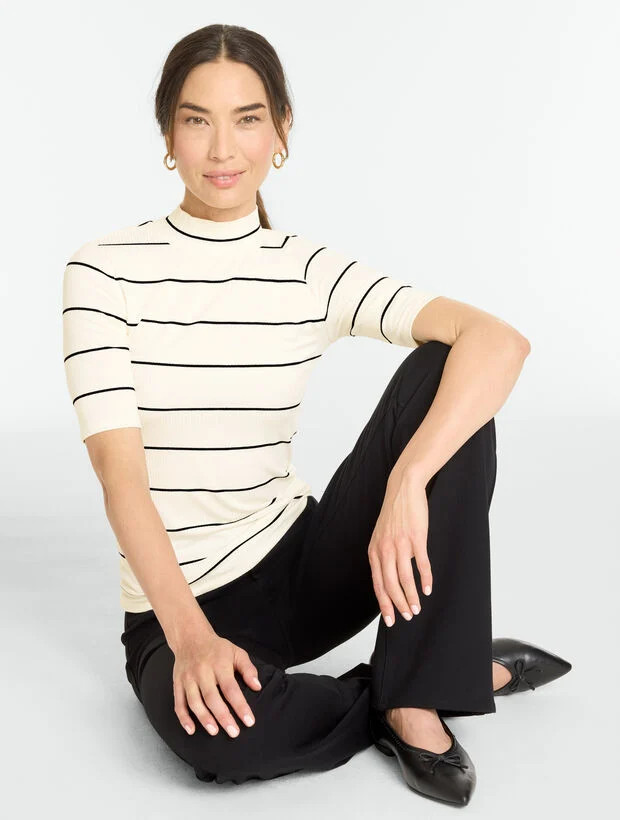 Ribbed Elbow Sleeve Mockneck Top - Linda Stripe | Talbots