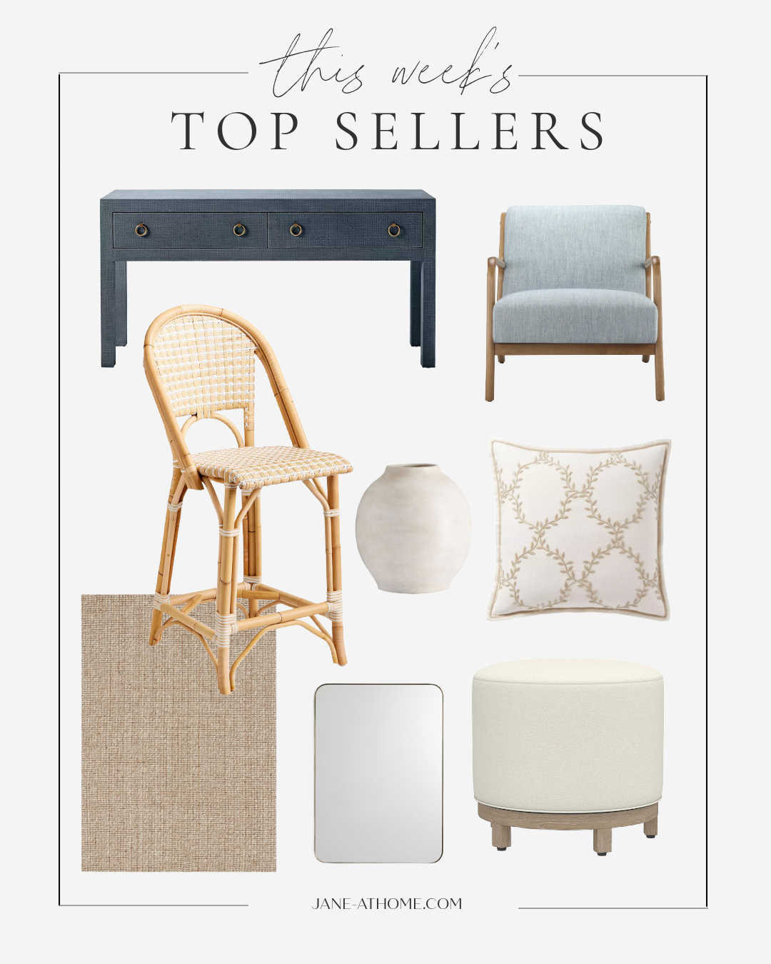 This week's top sellers for the home include a beautiful blue console table, a wool and jute area rug, a gorgeous neutral pillow cover, counter stools, bathroom mirror, a chic white vase, and more!

 

 #LTKHome #LTKSaleAlert #LTKFindsUnder100
