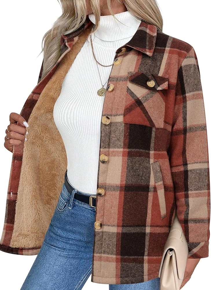 Zeagoo Women's Fleece Sherpa Jacket Casual Long Sleeve Button Down Flannel Shacket Shirt Winter C... | Amazon (US)