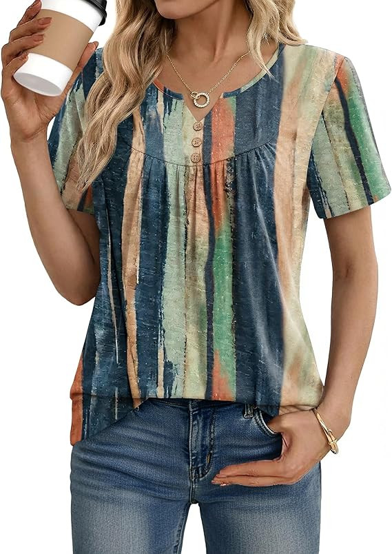 ZEAGOO Womens Summer Tops 2026 Short Sleeve Shirts V Neck Pleated Tunic Tops Work Blouses Busines... | Amazon (US)