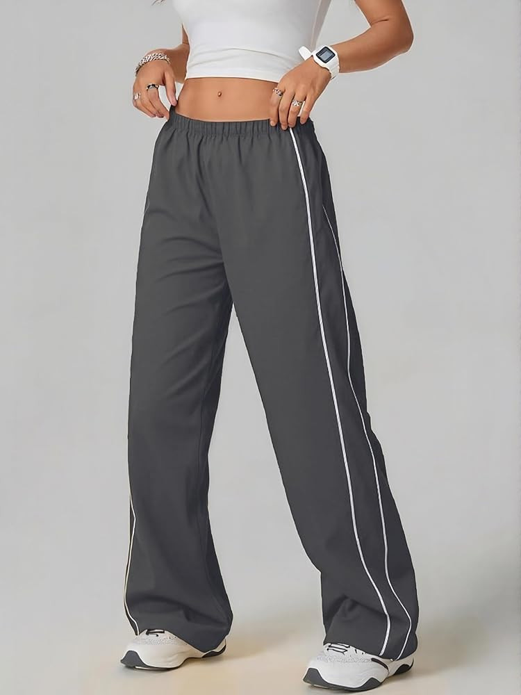 Women's Athletic Parachute Pants Elastic Waist Wide Leg Baggy Jogger Trousers, Darkgrey, XX-Large... | Amazon (UK)