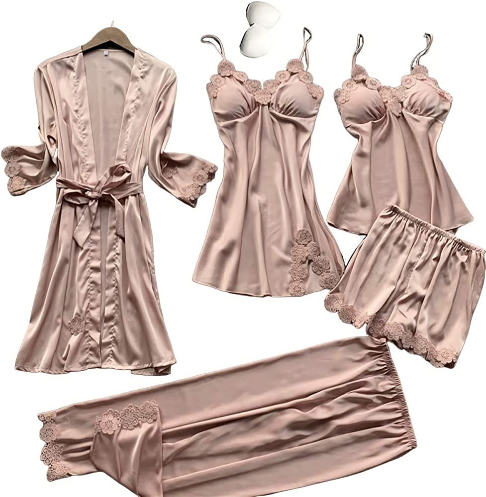 SAPJON Women's 5pcs Silk Satin Pajama Set Sexy Cami Top Nightgown Lace Sleepwear Robe Sets Nightdres | Amazon (US)